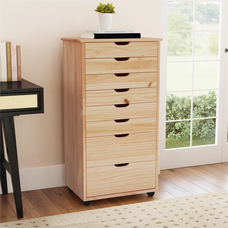 Maklaine Eight Drawer Rolling Storage Cart in Natural Stained Wood