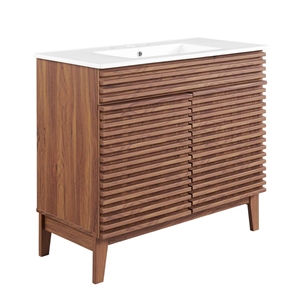 Maklaine 36&quot Modern Wood and Ceramic Bathroom Vanity in Walnut/White