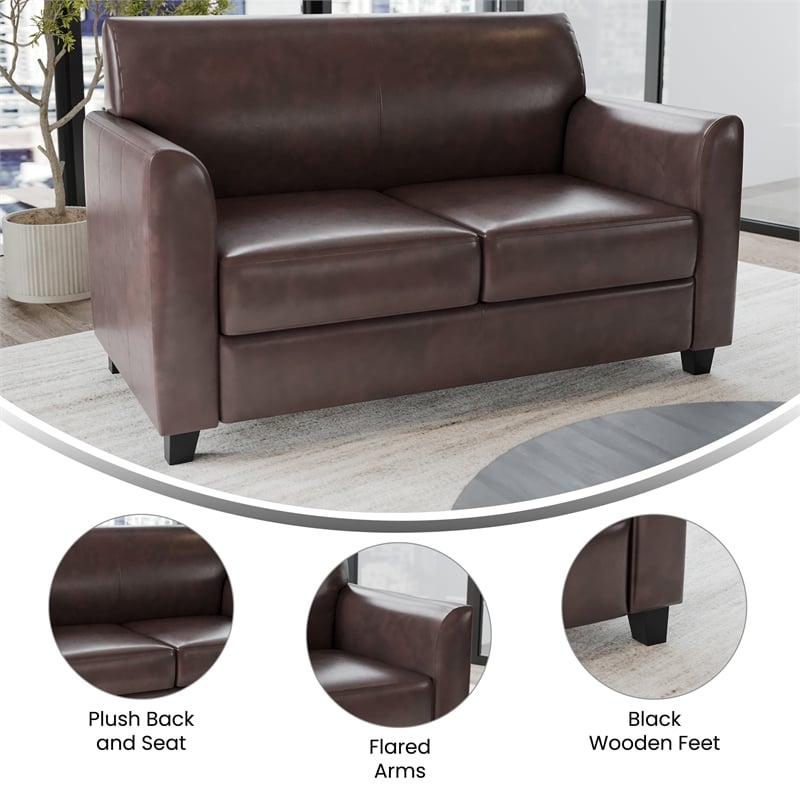 Maklaine Modern / Contemporary Leather Loveseat in Brown Finish