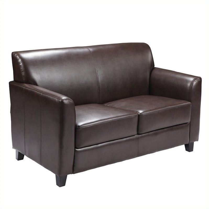 Maklaine Modern / Contemporary Leather Loveseat in Brown Finish