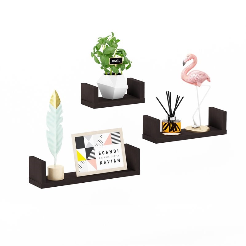 Maklaine Wood Wall Mounted Floating Shelves in Espresso (Set of 3)