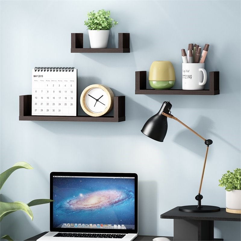 Maklaine Wood Wall Mounted Floating Shelves in Espresso (Set of 3)