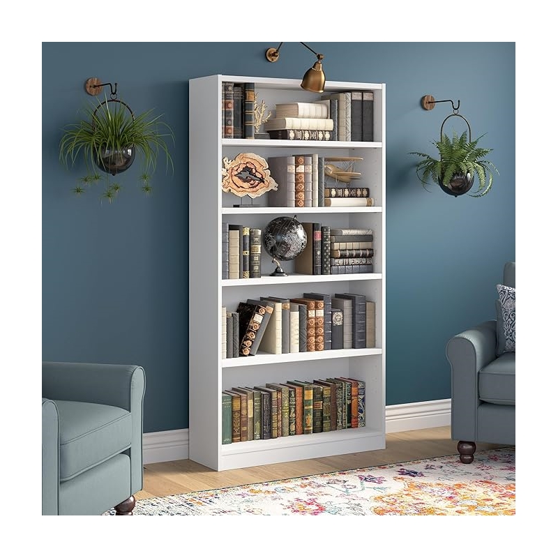 Maklaine Engineered Wood Universal 5 Shelf Bookcase in Pure White