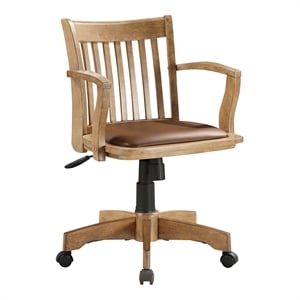 Maklaine Wood Bankers Chair with Vinyl Padded Seat in Fruit Wood Brown Finish
