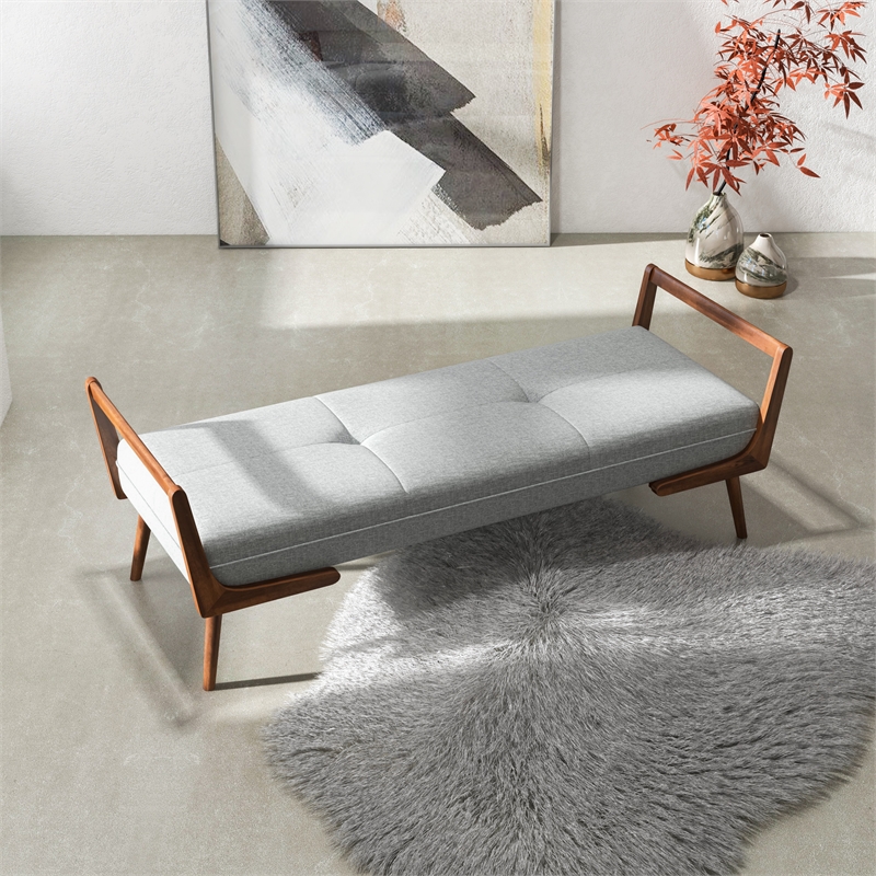 Maklaine Mid-Century Modern Rectangular Fabric Upholstered Bench in Gray