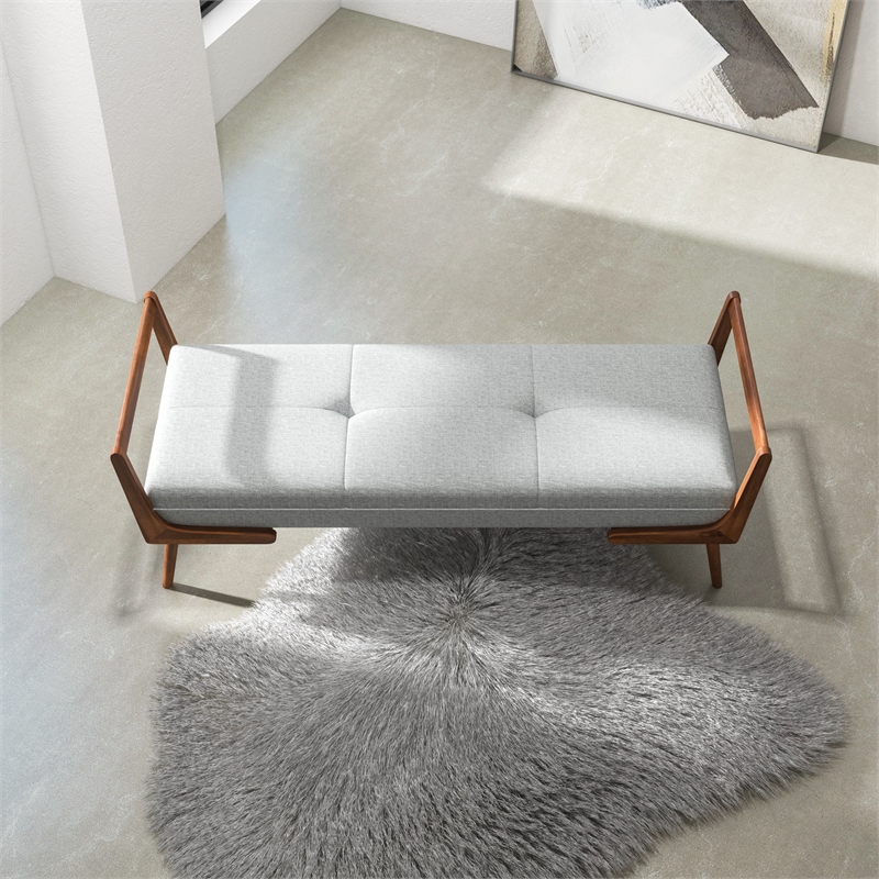 Maklaine Mid-Century Modern Rectangular Fabric Upholstered Bench in Gray