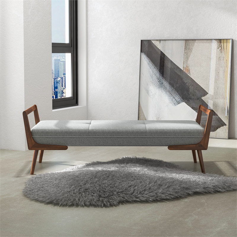 Maklaine Mid-Century Modern Rectangular Fabric Upholstered Bench in Gray