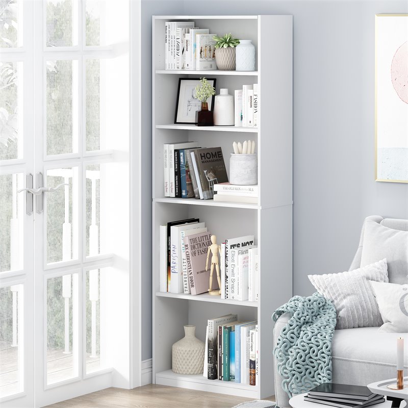 Maklaine Contemporary Engineered Wood 5-Shelf Bookcase in White