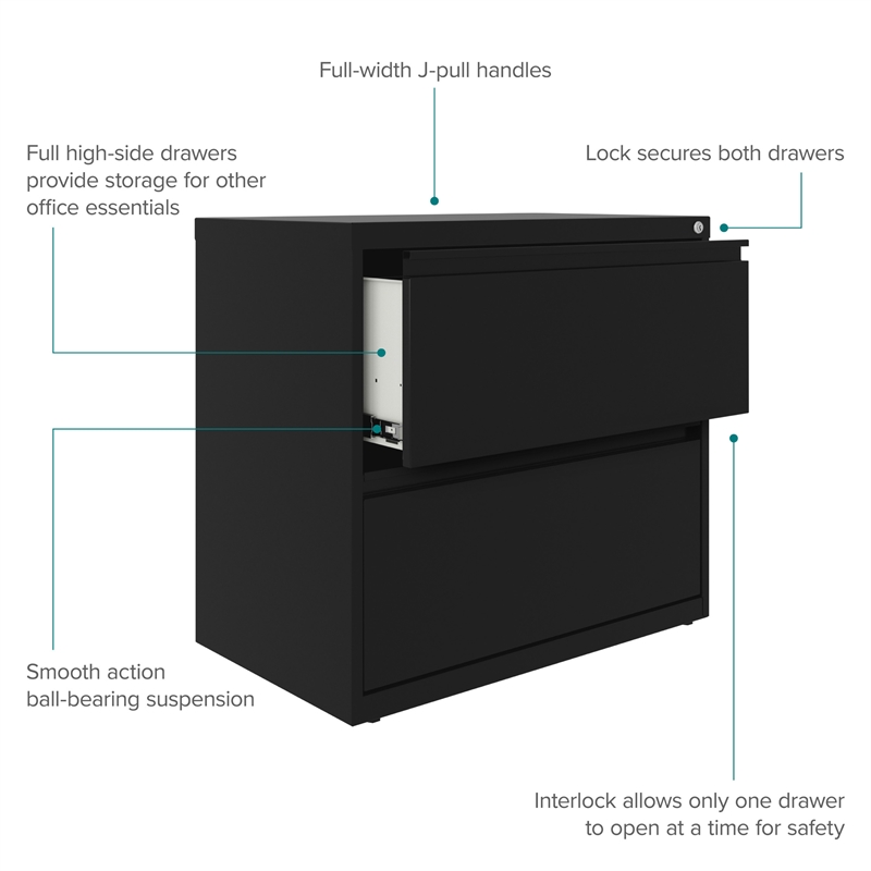 Maklaine 30 inch W 2 Drawer Metal Lateral 101 Filing Cabinet Black