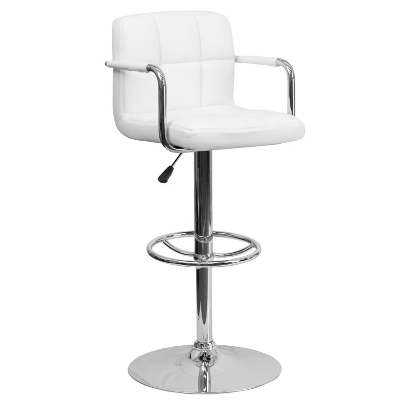 Maklaine Contemporary Quilted Adjustable Bar Stool with Arms in White