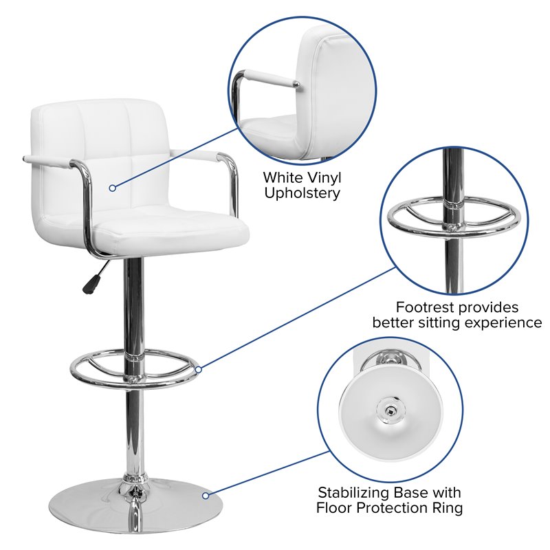 Maklaine Contemporary Quilted Adjustable Bar Stool with Arms in White