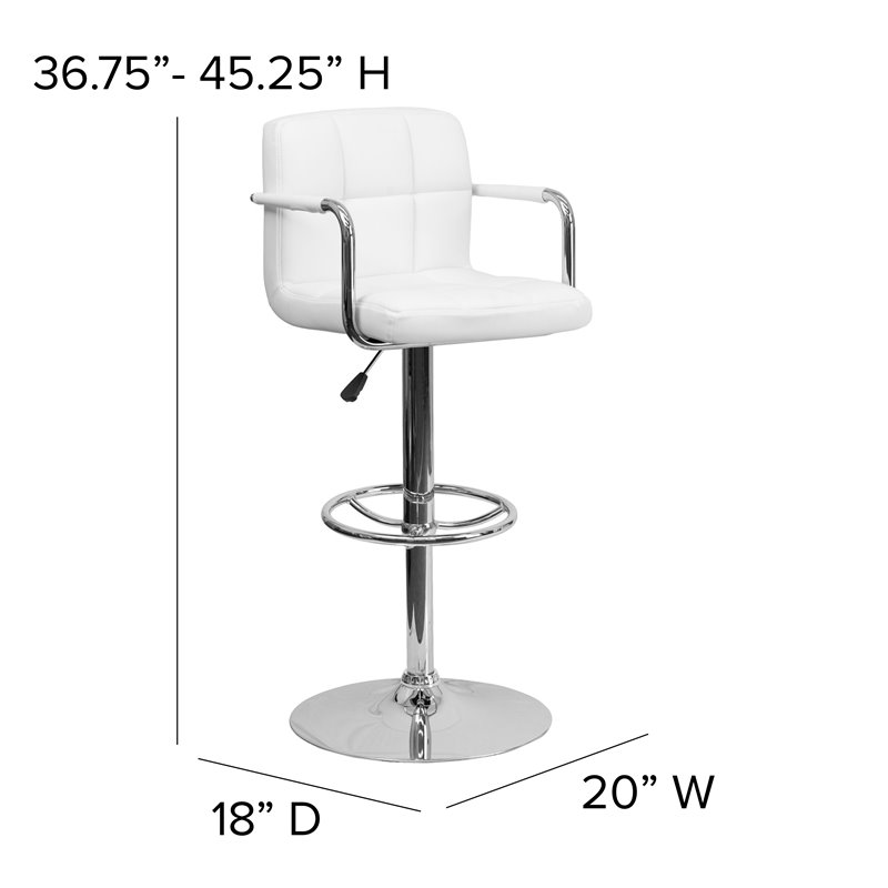 Maklaine Contemporary Quilted Adjustable Bar Stool with Arms in White