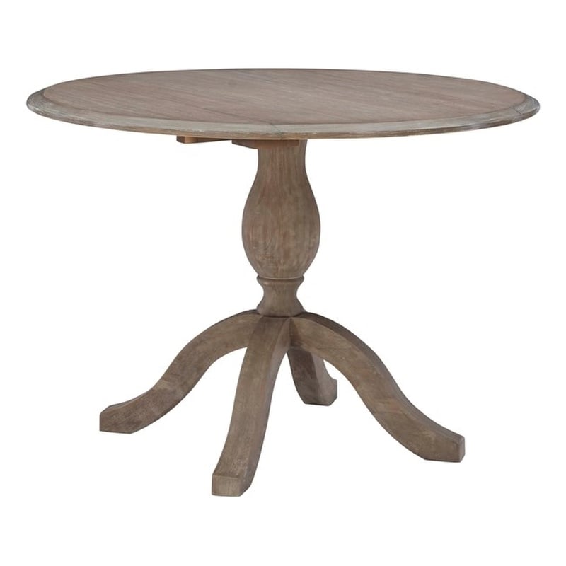 Maklaine Round Drop Leaf Pedestal Dining Table in Rustic Gray Washed Wood