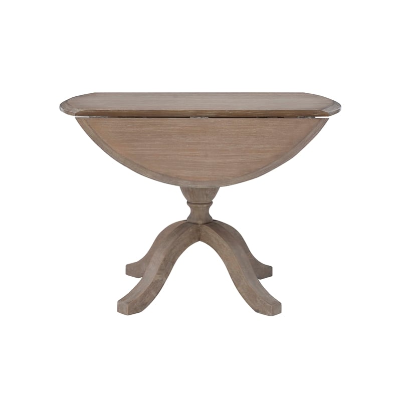 Maklaine Round Drop Leaf Pedestal Dining Table in Rustic Gray Washed Wood