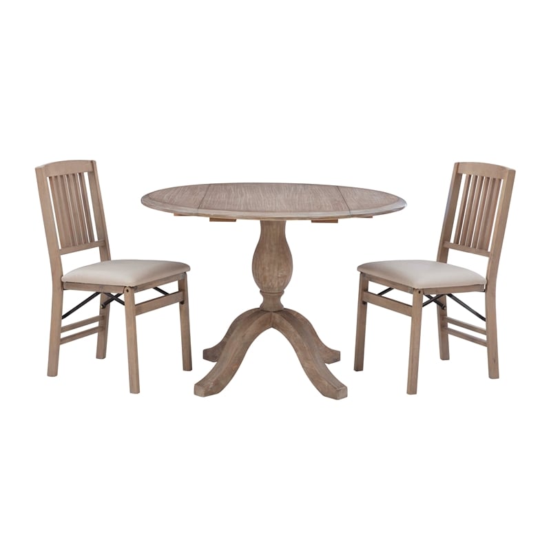 Maklaine Round Drop Leaf Pedestal Dining Table in Rustic Gray Washed Wood