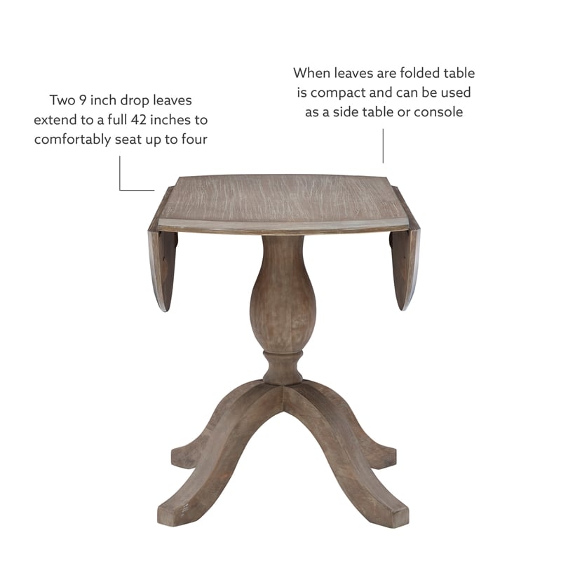 Maklaine Round Drop Leaf Pedestal Dining Table in Rustic Gray Washed Wood