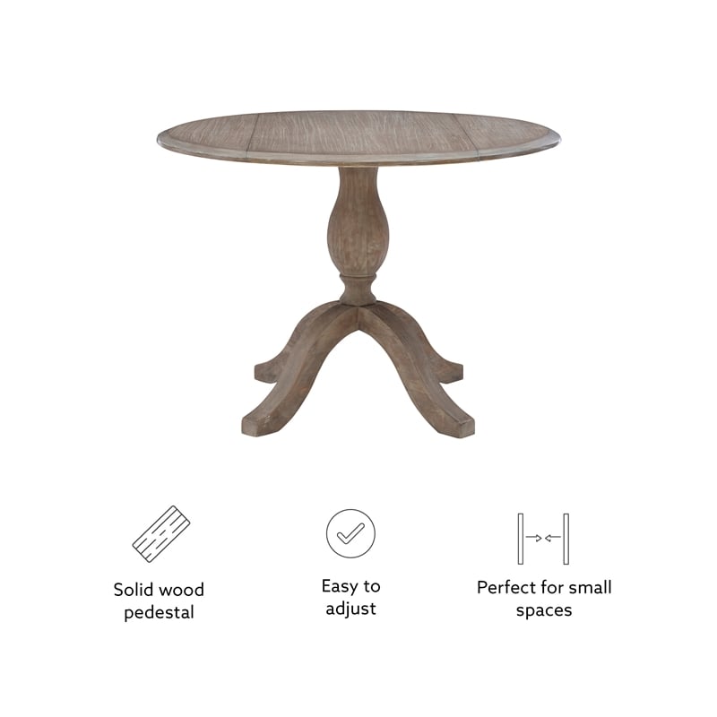 Maklaine Round Drop Leaf Pedestal Dining Table in Rustic Gray Washed Wood