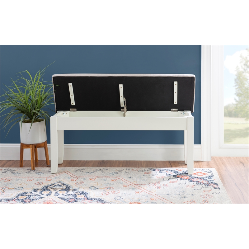 Maklaine Storage Bench with Light Gray Fabric in Vanilla White Painted Wood
