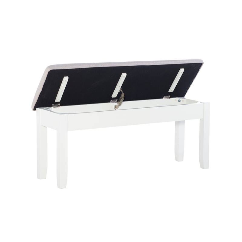 Maklaine Storage Bench with Light Gray Fabric in Vanilla White Painted Wood