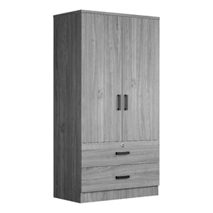 Maklaine Wood 2-Door Wardrobe Armoire with 2-Drawers in Gray