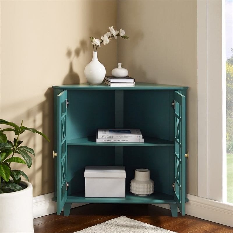 Maklaine Corner Accent Cabinet with 1-Adjustable Shelf in Dark Teal