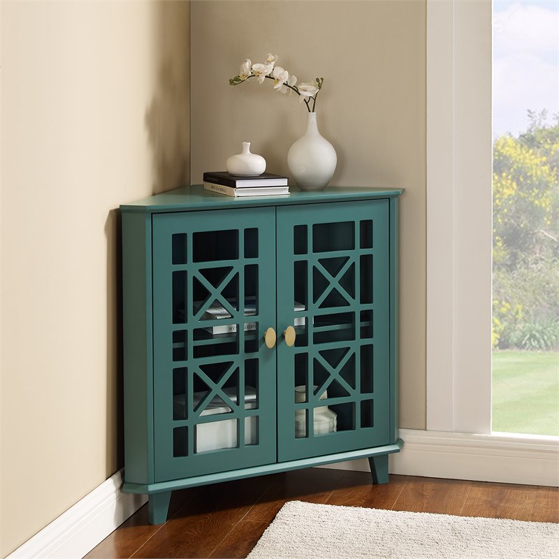 Maklaine Corner Accent Cabinet with 1-Adjustable Shelf in Dark Teal