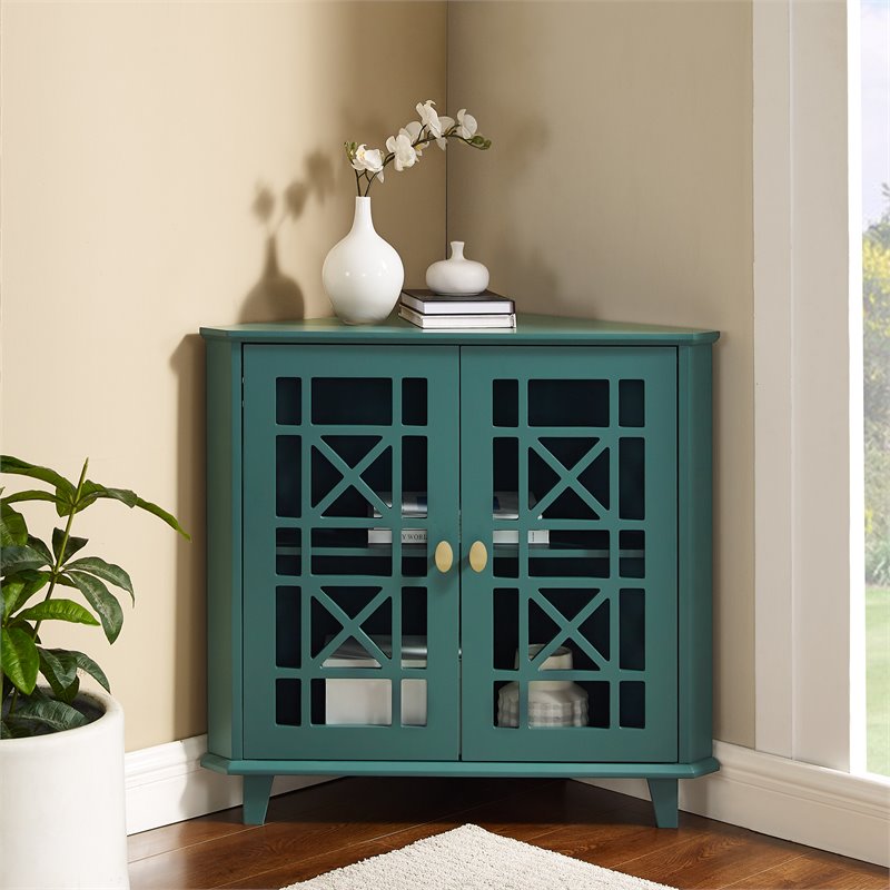 Maklaine Corner Accent Cabinet with 1-Adjustable Shelf in Dark Teal