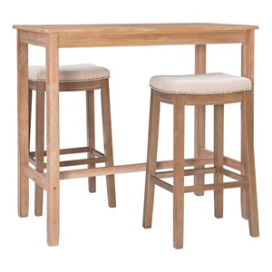 Maklaine Three Piece Bar Dining Set Padded Seats in Natural Brown Wood