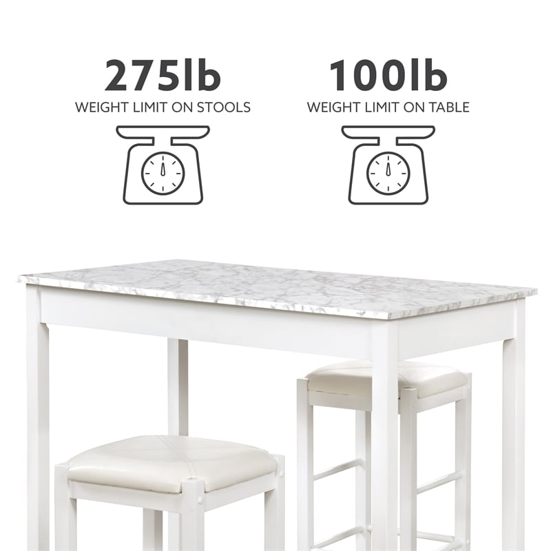 Maklaine Three Piece Wood & Faux Marble Tavern Set Backless Stools in White