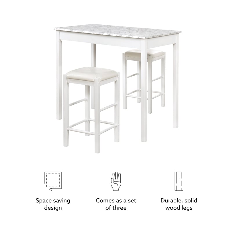 Maklaine Three Piece Wood & Faux Marble Tavern Set Backless Stools in White