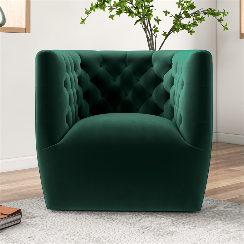 Maklaine Mid-Century Modern Tufted Back Velvet Swivel Chair in Green