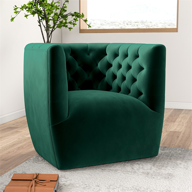 Maklaine Mid-Century Modern Tufted Back Velvet Swivel Chair in Green