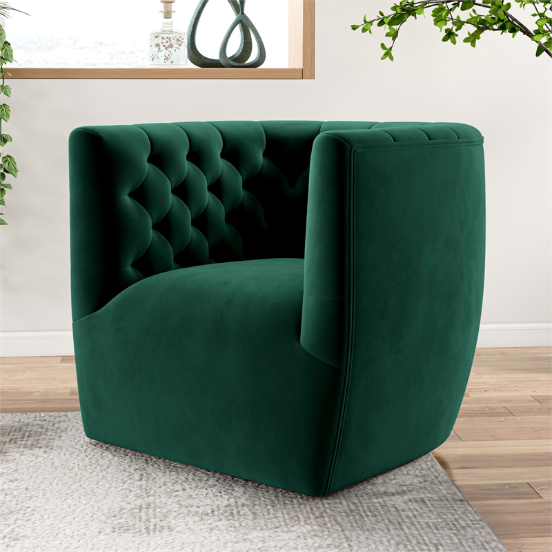 Maklaine Mid-Century Modern Tufted Back Velvet Swivel Chair in Green