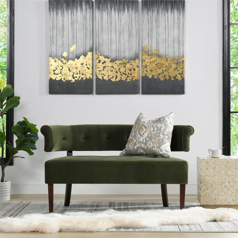 Maklaine Contemporary Roll Arm Tufted Bench Settee Olive Green Velvet