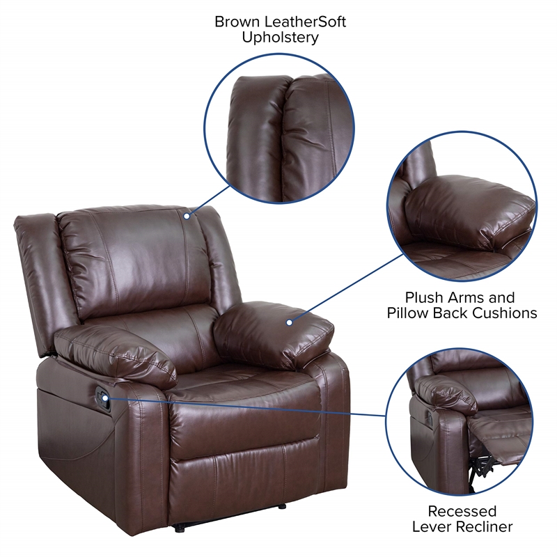 Maklaine Modern / Contemporary Leather Recliner in Brown Finish