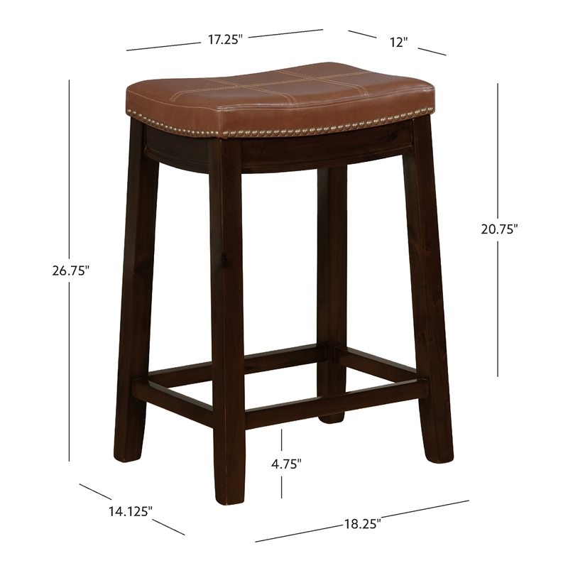 Maklaine Backless Counter Stool Cognac Faux Leather Wood Frame in Dk Brown