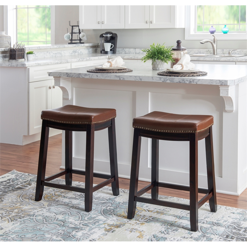 Maklaine Backless Counter Stool Cognac Faux Leather Wood Frame in Dk Brown