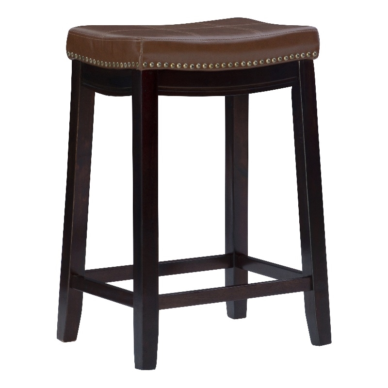 Maklaine Backless Counter Stool Cognac Faux Leather Wood Frame in Dk Brown