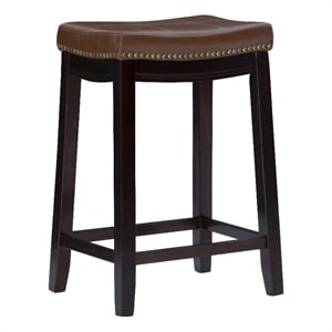 Maklaine Backless Counter Stool Cognac Faux Leather Wood Frame in Dk Brown