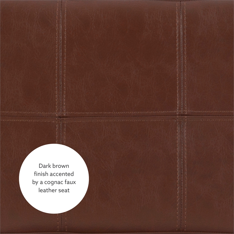 Maklaine Backless Counter Stool Cognac Faux Leather Wood Frame in Dk Brown