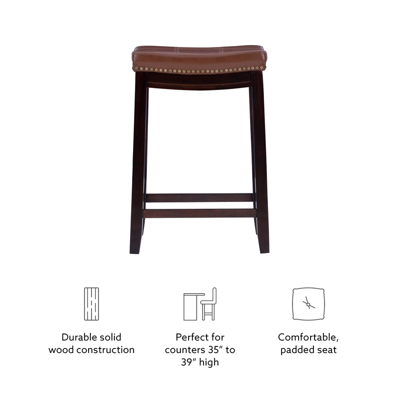 Maklaine Backless Counter Stool Cognac Faux Leather Wood Frame in Dk Brown