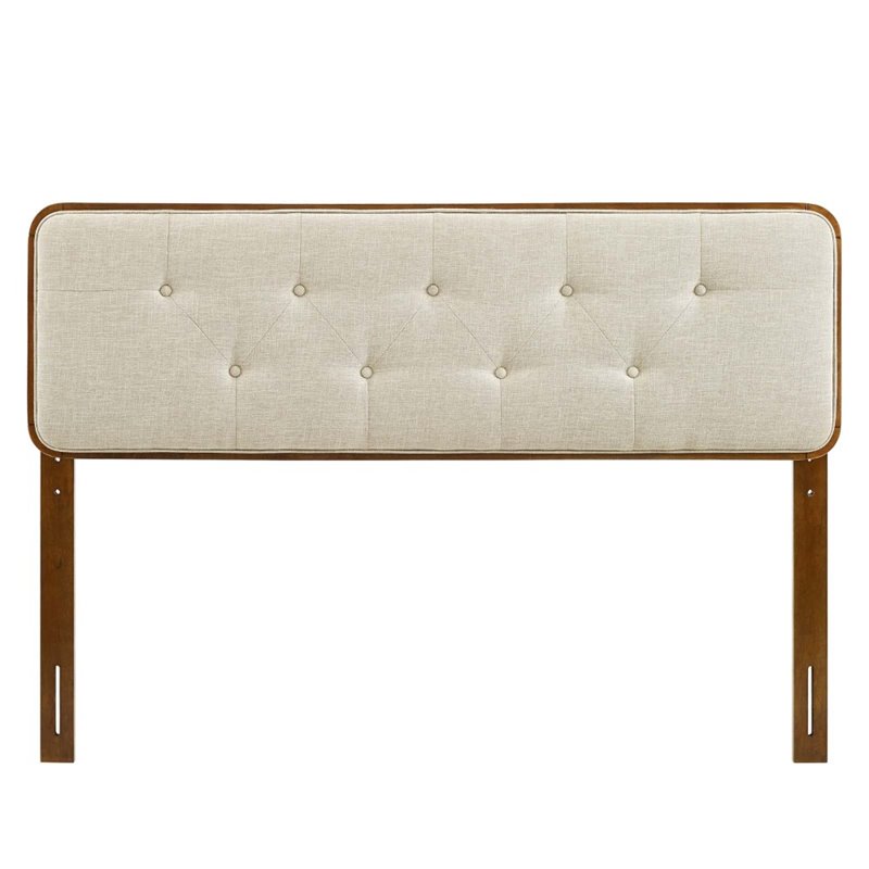 Maklaine Tufted King Fabric and Wood Headboard in Walnut/Beige