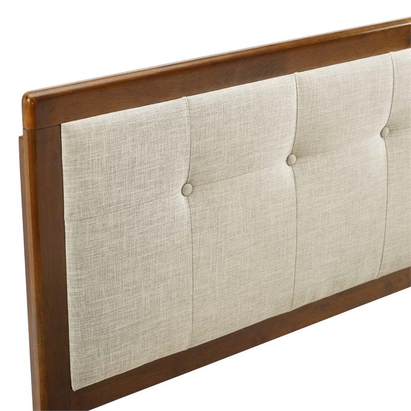 Maklaine Tufted King Fabric and Wood Headboard in Walnut/Beige