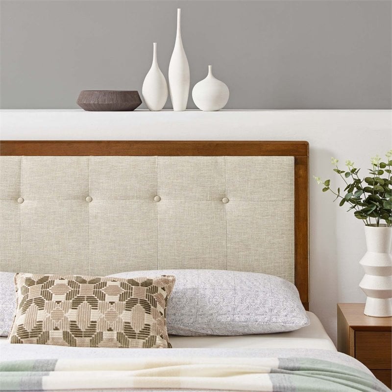 Maklaine Tufted King Fabric and Wood Headboard in Walnut/Beige