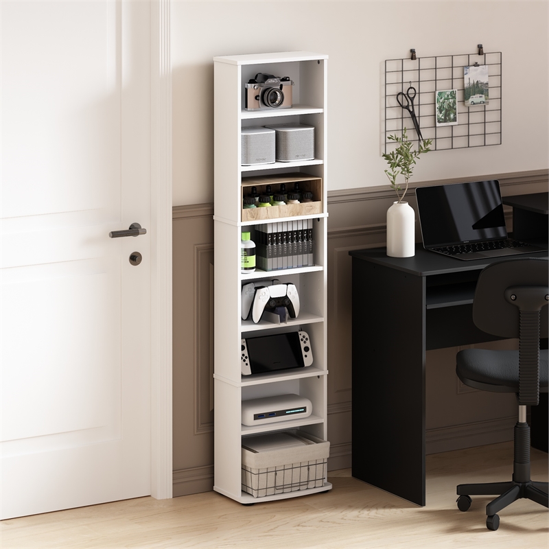 Maklaine Contemporary Space Saving Multimedia Storage Tower in White