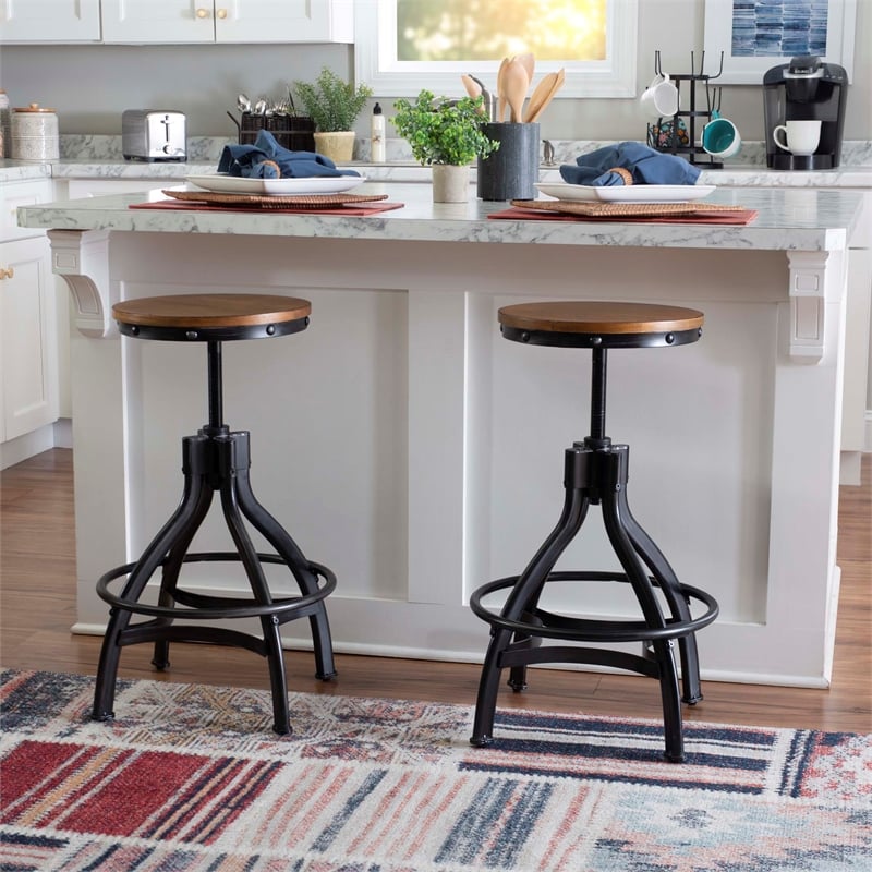 Maklaine Metal Adjustable Height Backless Stools Set of 2 in Dark Gunmetal