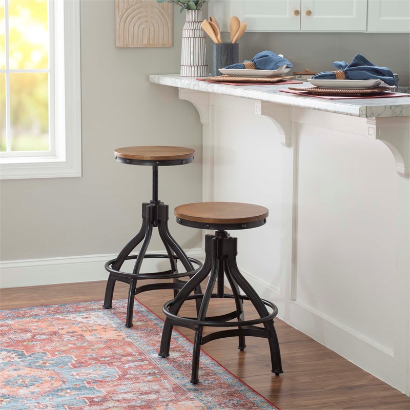 Maklaine Metal Adjustable Height Backless Stools Set of 2 in Dark Gunmetal