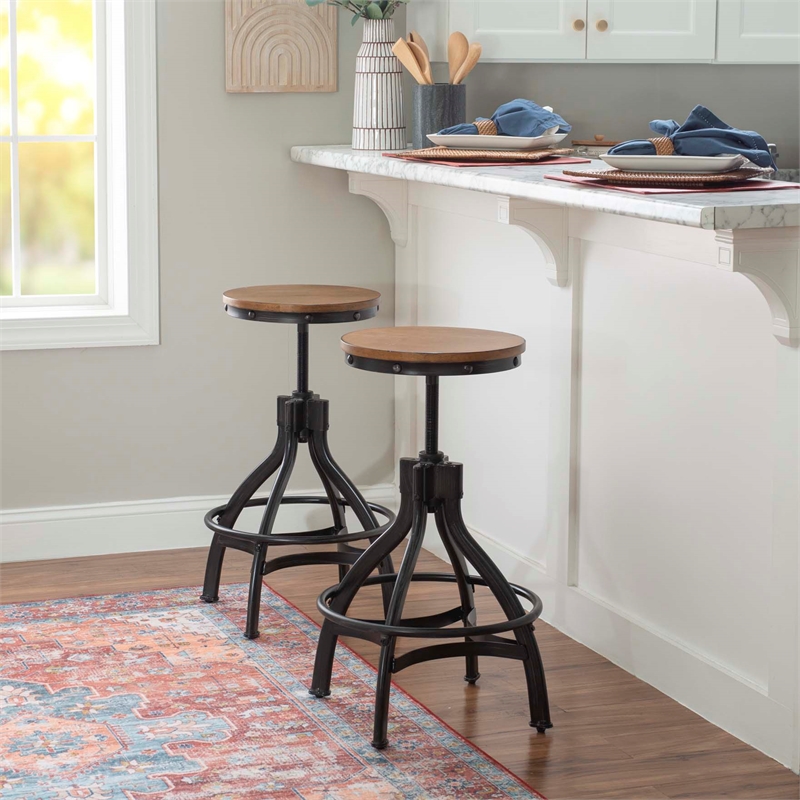 Maklaine Metal Adjustable Height Backless Stools Set of 2 in Dark Gunmetal