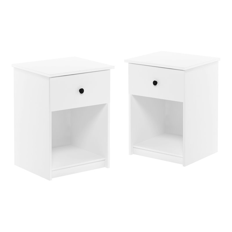 Maklaine Engineered Wood Nightstand with One Drawer in White (Set of 2)