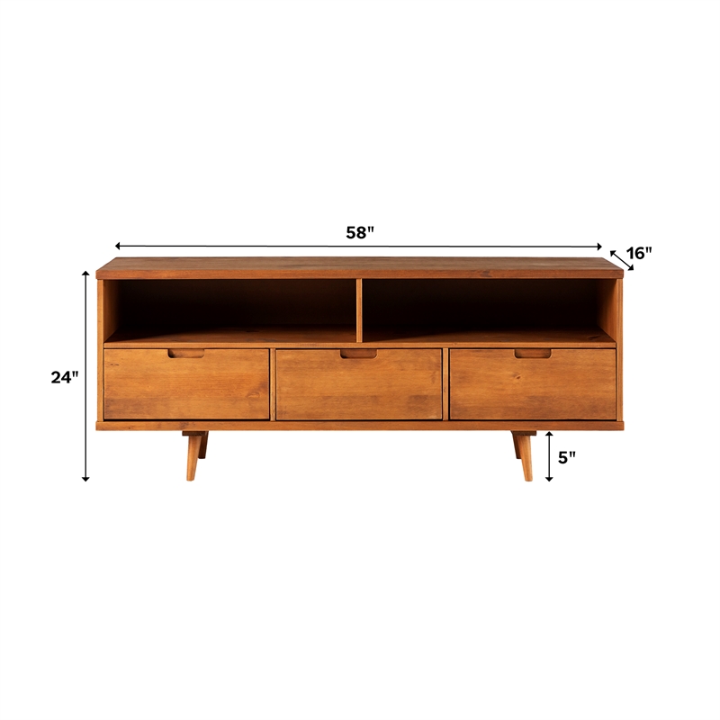 Maklaine 3-Drawer Solid Pine Wood TV Stand for TVs up to 64